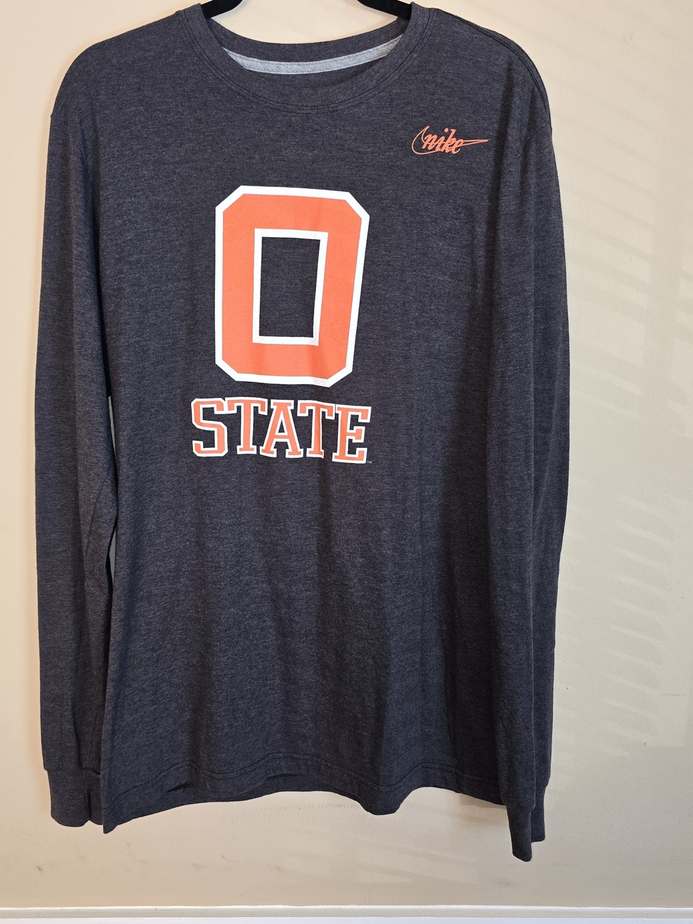 Nike Men’s Long-Sleeve Charcoal Gray Tee with Orange O-State Graphic